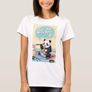 A lazy anime panda eating ramen and saying, "Just T-Shirt