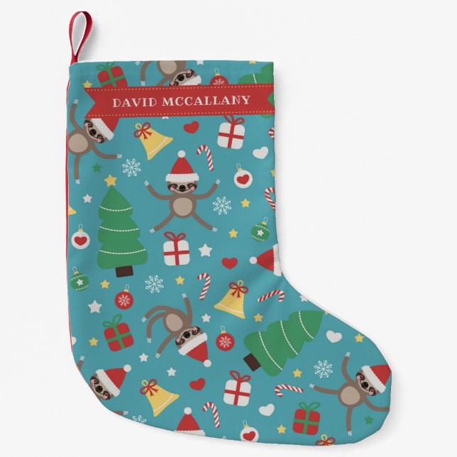 A Lazy Christmas - Sloth Pattern - Custom Name Small Christmas Stocking (Front)