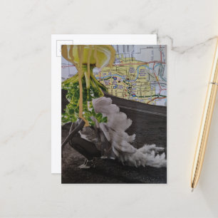 A Leafy UFO Comes For Her Mixed Media Collage Postcard