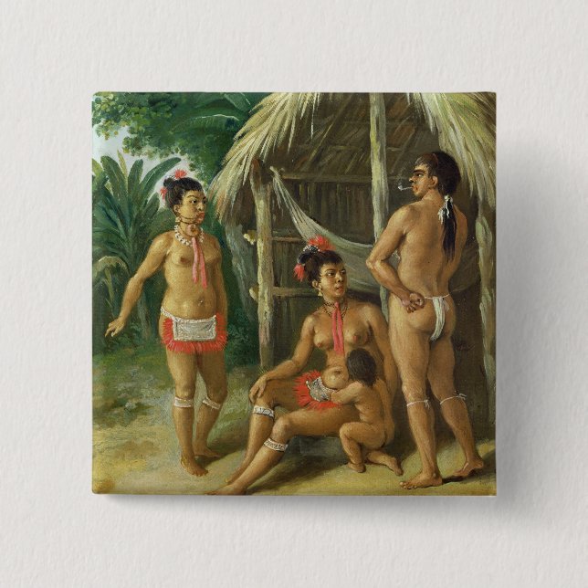 A Leeward Islands Carib Family outside a Hut, c.17 2 Inch Square Button (Front)