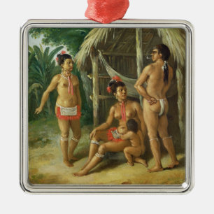 A Leeward Islands Carib Family outside a Hut, c.17 Metal Ornament