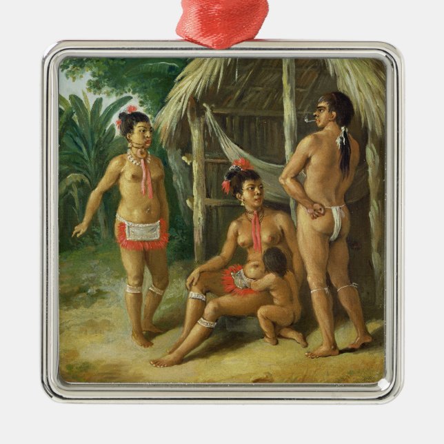 A Leeward Islands Carib Family outside a Hut, c.17 Metal Ornament (Front)