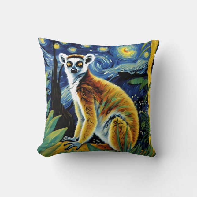 A Lemur in the Starry Night Throw Pillow (Front)