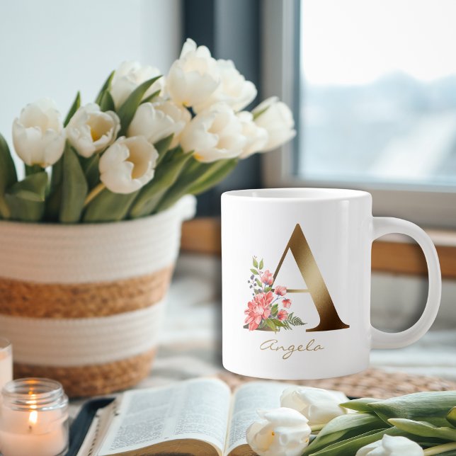 A Letter Gold Monogram Floral Red Purple Greenery Large Coffee Mug (Creator Uploaded)
