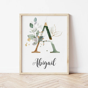 A Letter Monogram Greenery Nursery Name Wall Print
