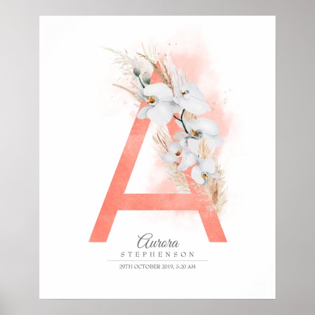 A Letter Monogram White Orchids and Pampas Grass Poster (Front)