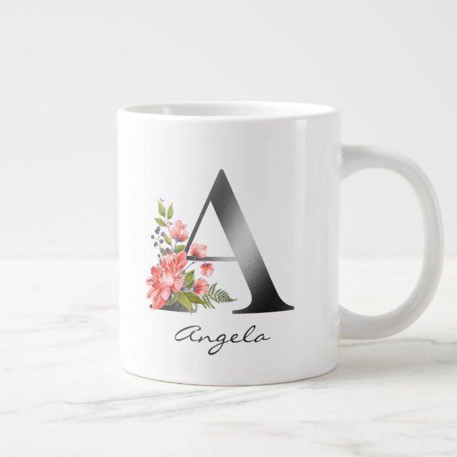A Letter Silver Monogram Floral Red Purple Green Large Coffee Mug (Right)