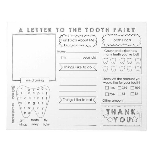 A Letter to Tooth Fairy Stationery Notepad (Front)
