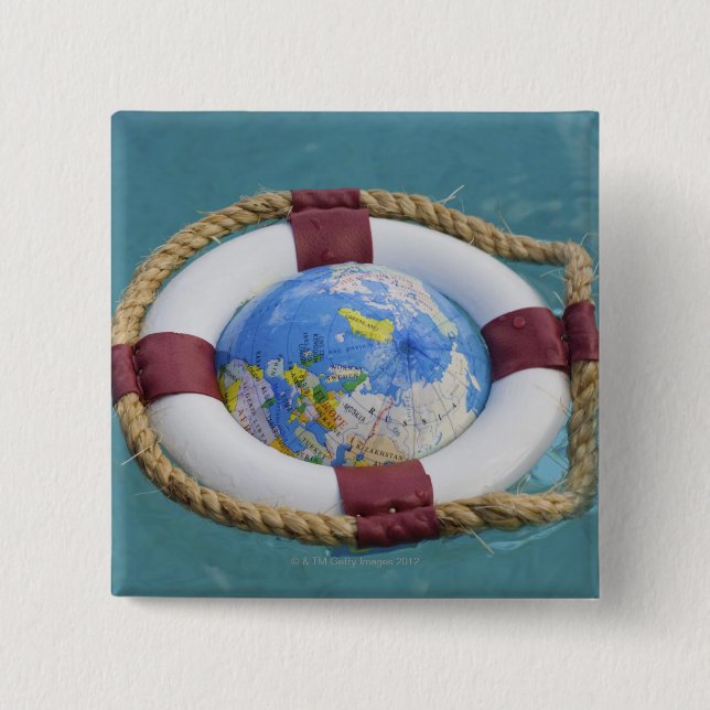 A life preserver and world globe floating 2 inch square button (Front)