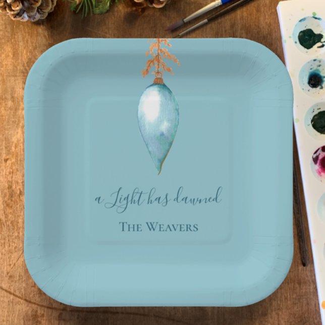 A Light Has Dawned  Watercolor Christian Christmas Paper Plate (Elegant modern hand painted blue watercolor Christmas dinner plate. Custom script family name.
)