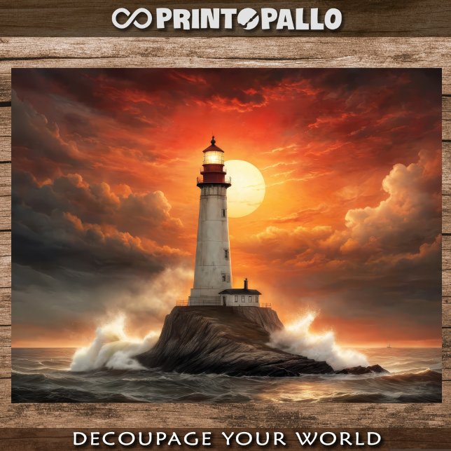 A lighthouse at sunset in a stormy sea - Decoupage Wrapping Paper Sheet (Creator Uploaded)