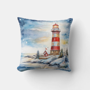 A Lighthouse in Winter Throw Pillow