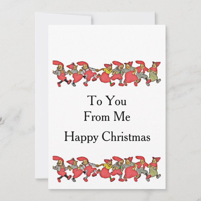 A Line of Dancing Gnomes Holiday Card (Front)