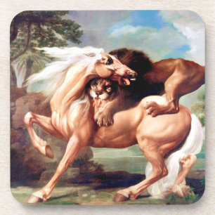 A Lion Attacking A Horse Painting-17620 Coaster