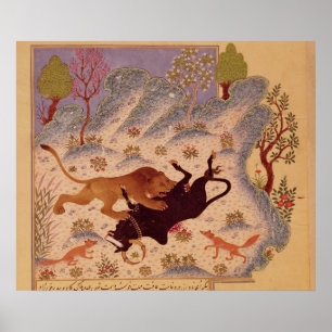 A Lion Attacking and Killing a Bull Poster