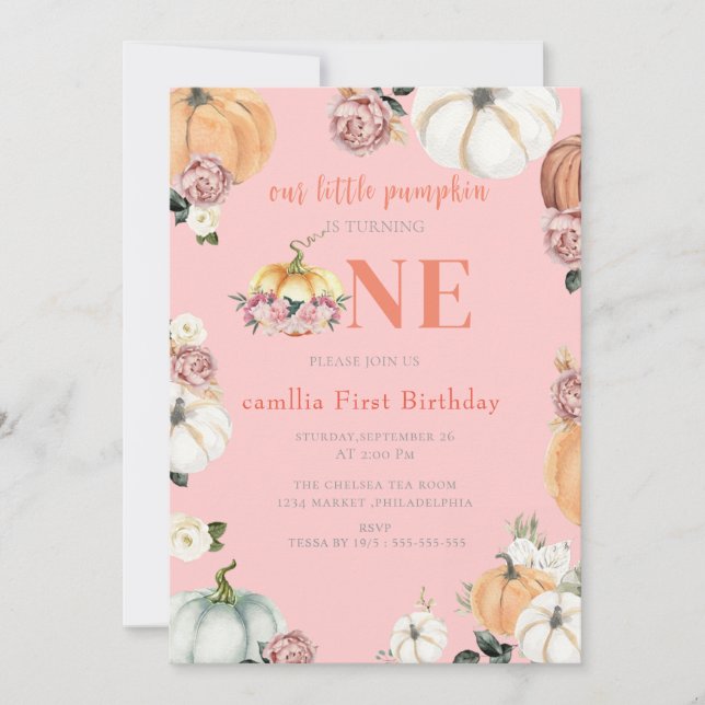  A littl Fall Pumpkins Watercolor  Girl 1st Birthd Invitation (Front)