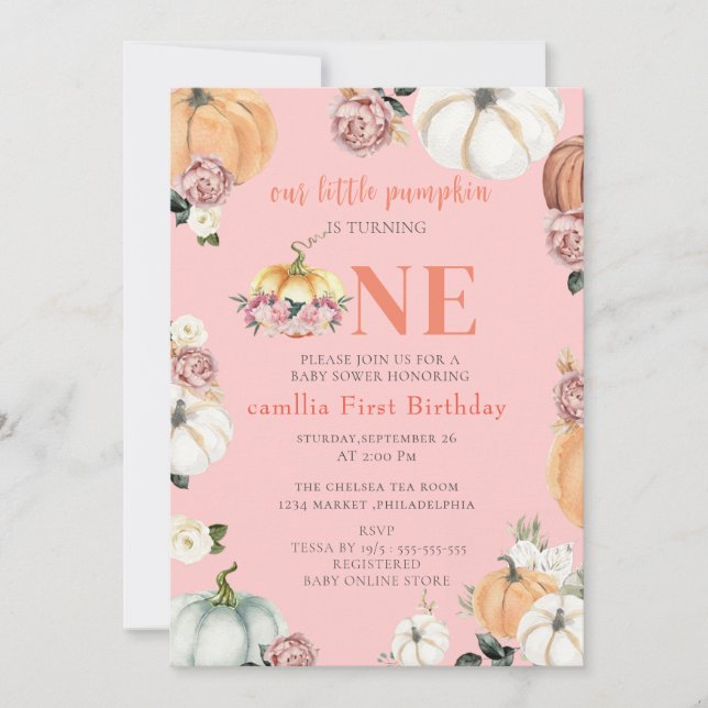  A littl Fall Pumpkins Watercolor  Girl 1st Birthd Invitation (Front)