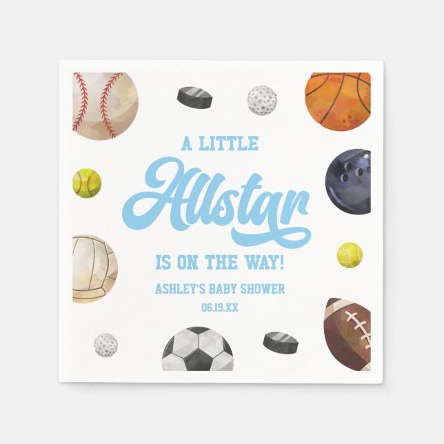 A Little Allstar Is On The Way! Sports Baby Shower Napkin (Front)