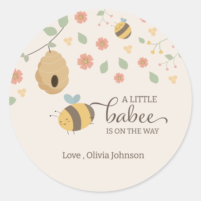 A little babee is on the way, bee baby shower  classic round sticker (Front)
