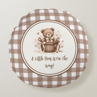 A Little Bear Is On The Way Neutral Coffee Brown Round Pillow