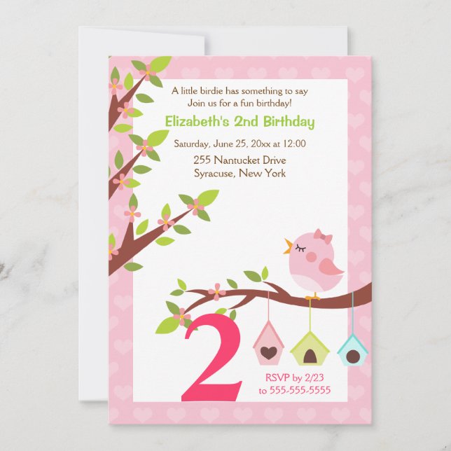 A Little Birdie Birthday Invitation (Any Age) Pink (Front)
