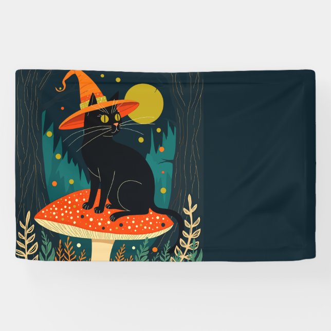 A Little Black Witchy Cat Sitting On A Toadstool Banner (Horizontal)