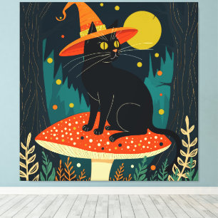 A Little Black Witchy Cat Sitting On A Toadstool Canvas Print