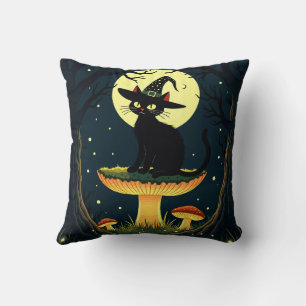A Little Black Witchy Cat Sitting On A Toadstool Throw Pillow