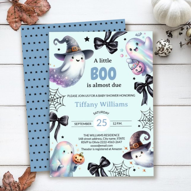 A Little Boo Baby Shower Invitation | Cute Ghost (A little BOO is almost due — ghost baby shower invite in blue color with black bows)