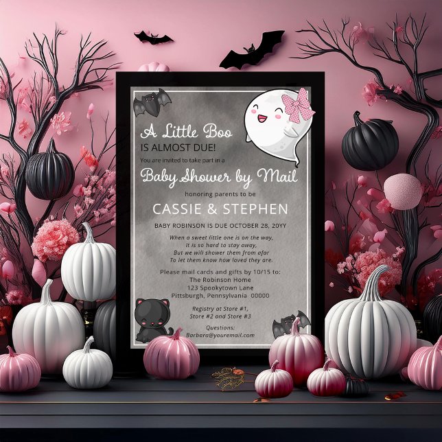 A Little Boo Ghost Girl Baby Shower by Mail Invitation (Cute "A Little Boo" "Baby Shower by Mail" Girl Coquette Ghost Kawaii Baby Shower Invitation)