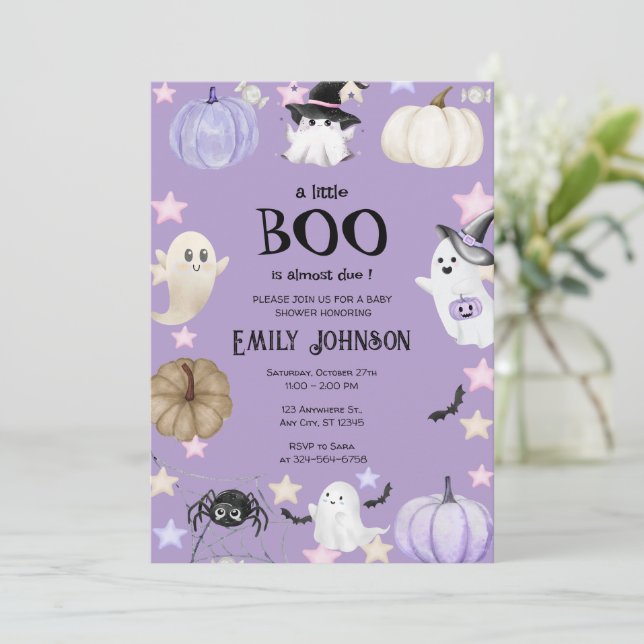 A Little Boo Halloween Baby Shower purple Invitation (Standing Front)