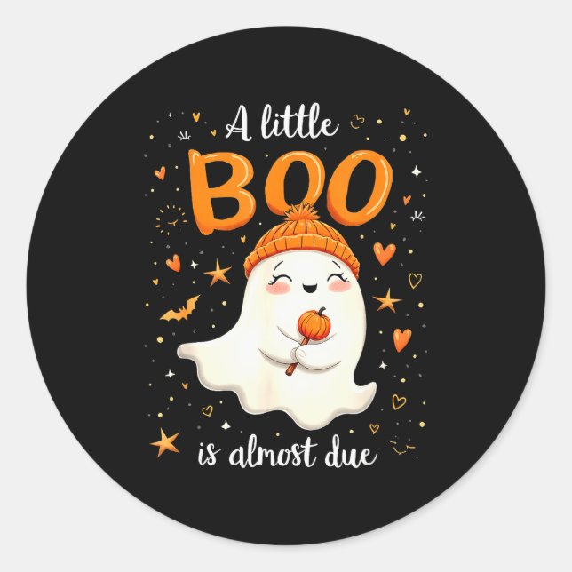 A Little Boo Is Almost Due Expecting Mom Halloween Classic Round Sticker (Front)