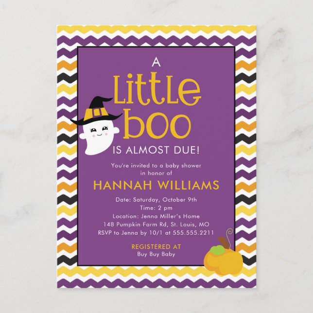 A Little Boo Is Almosts Due Baby Shower Postcard (Front)