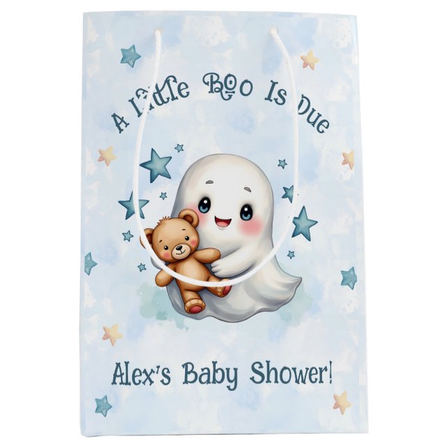 A Little Boo Is Due Cute Baby Boy Ghost Custom Medium Gift Bag (Front)