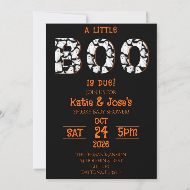 A Little Boo is Due Ghost Halloween Baby Shower Invitation (Front)