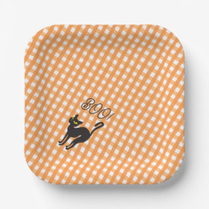 A Little Boo is Due Orange Gingham Black Cat Cozy Paper Plate