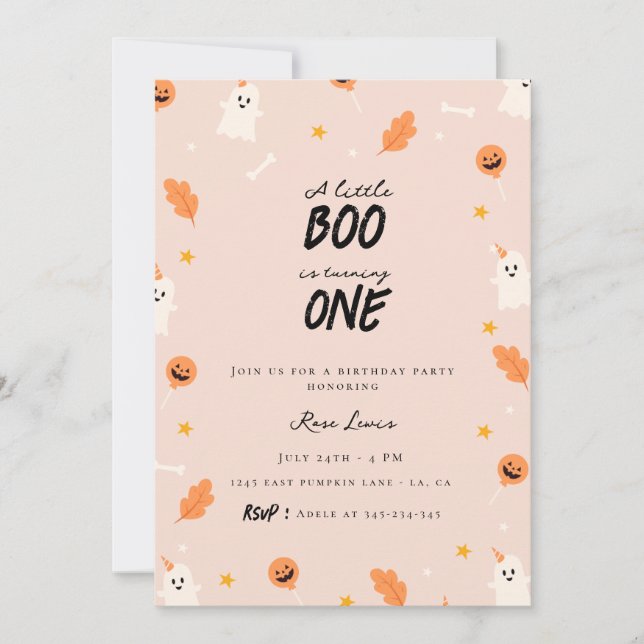 A little boo is turning one first birthday invitation (Front)