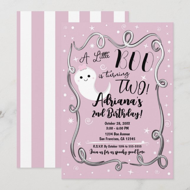A Little Boo Turning 2 TWO Pink Halloween Ghost Invitation (Front/Back)