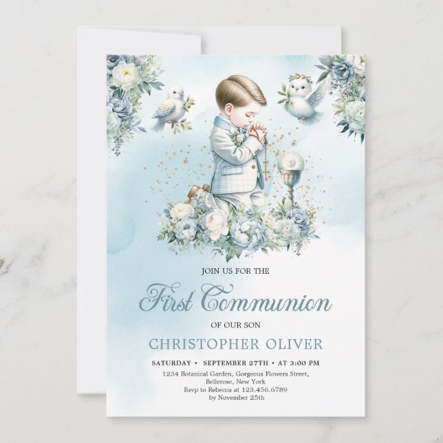 A little boy is praying Formal attire blue floral Invitation (Front)
