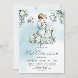 A little boy is praying Formal attire blue floral Invitation
