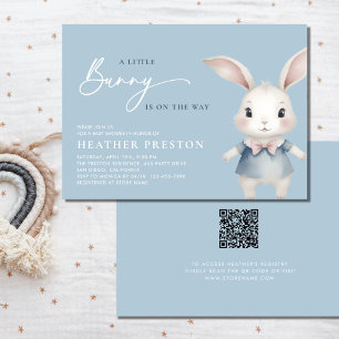 A Little Bunny Boy Dusty Blue QR Baby Shower Invitation