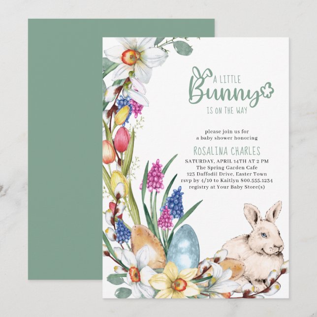 A Little Bunny Daffodils and Tulips Baby Shower Invitation (Front/Back)