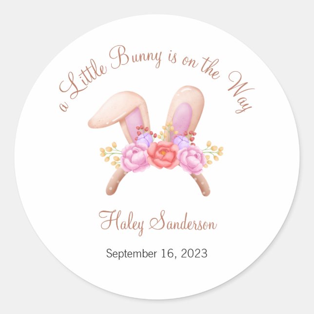 A Little Bunny is on the Way Label, Baby Classic Round Sticker (Front)