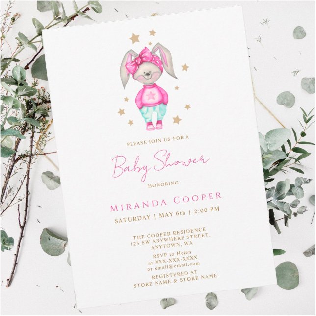 A little bunny pink baby shower girl Watercolor Invitation (Creator Uploaded)