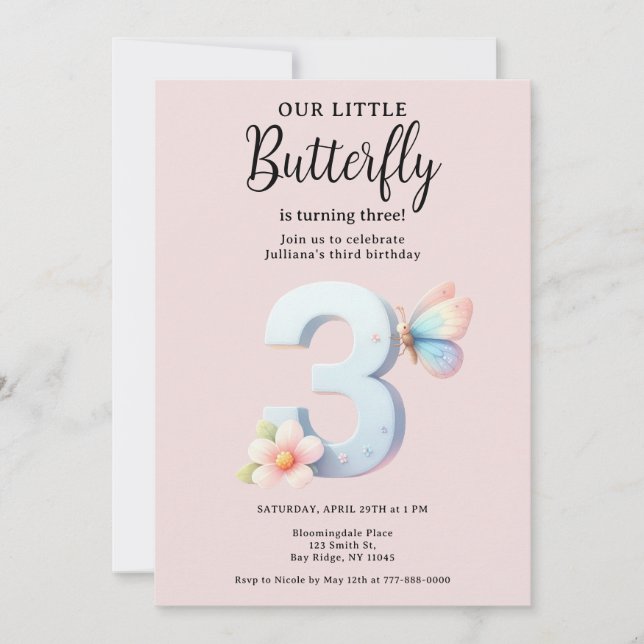 A Little Butterfly 3rd Birthday Cute Number Font  Invitation (Front)