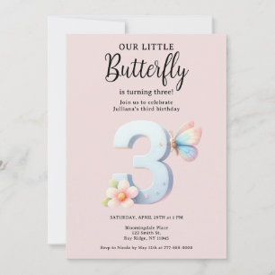 A Little Butterfly 3rd Birthday Cute Number Font  Invitation