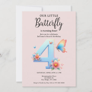 A Little Butterfly 4th Birthday Cute Number Font  Invitation