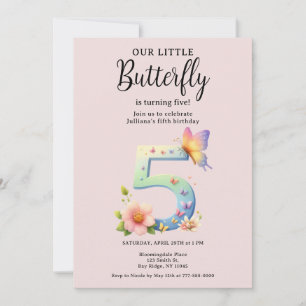 A Little Butterfly 5th Birthday Cute Number Font Invitation
