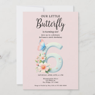 A Little Butterfly 6th Birthday Cute Number Font  Invitation
