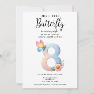 A Little Butterfly 8th Birthday Cute Number Font  Invitation